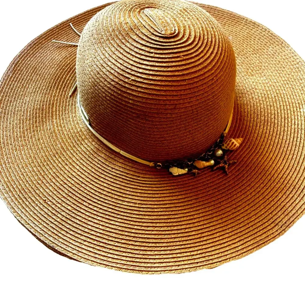 Coastal Grandma Sun 'N Sand Wide Brim Floppy Straw Hat Shell & Pearl Trim UPF 50